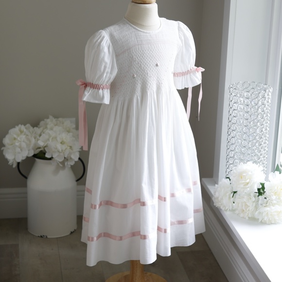Strasburg Dress Heirloom White Smocked Pink Ribbon Size 4/5 Special Occasion NWT - Picture 2 of 7
